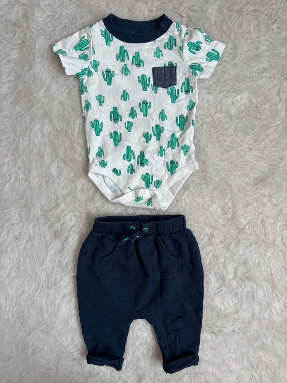 Gymboree Baby Boy White Bodysuit with Green Cactus Print & Navy Joggers